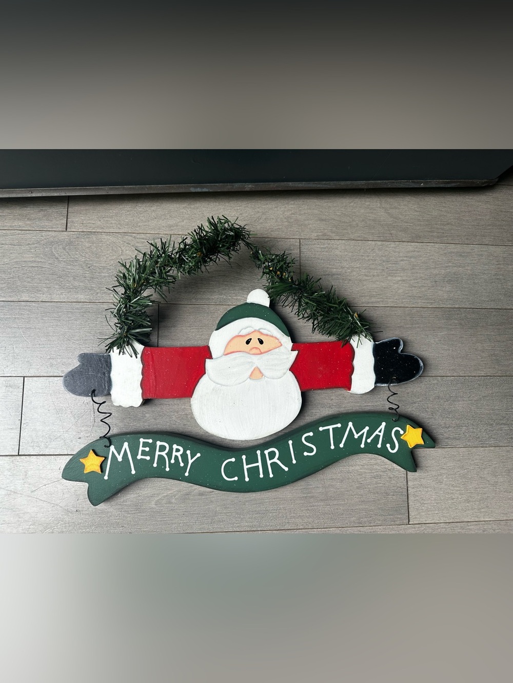 Vintage Wooden Santa Claus Hanging Plaque Artificial Pine Merry Christmas